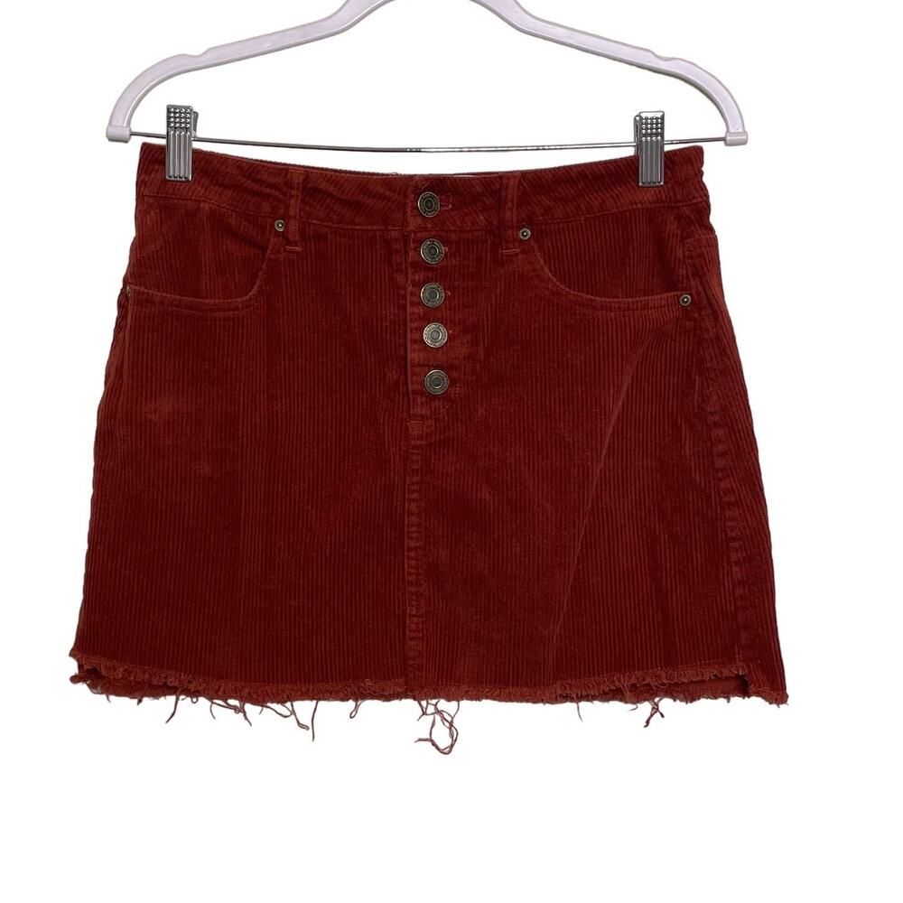 Indigo Rein Corduroy A-Line Mini Skirt Button Front Raw Hem Burnout Orange 3/25